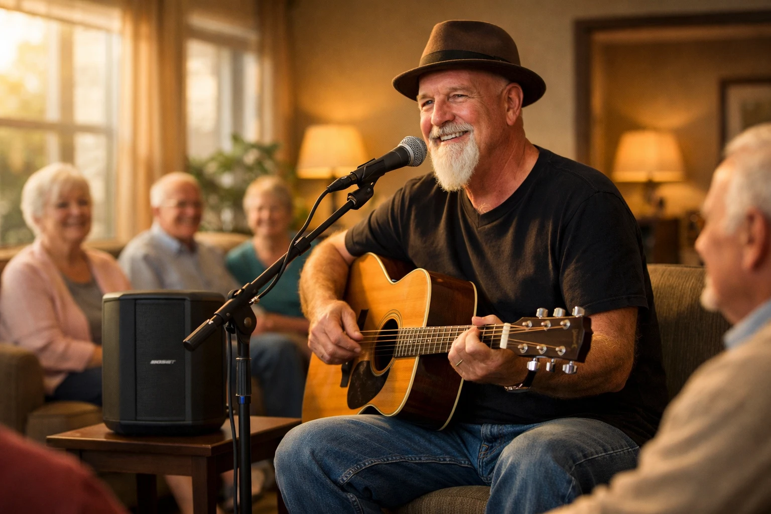 assisted living entertainment live vocalist-first performance Phillip Rogers performing familiar songs for assisted living residents