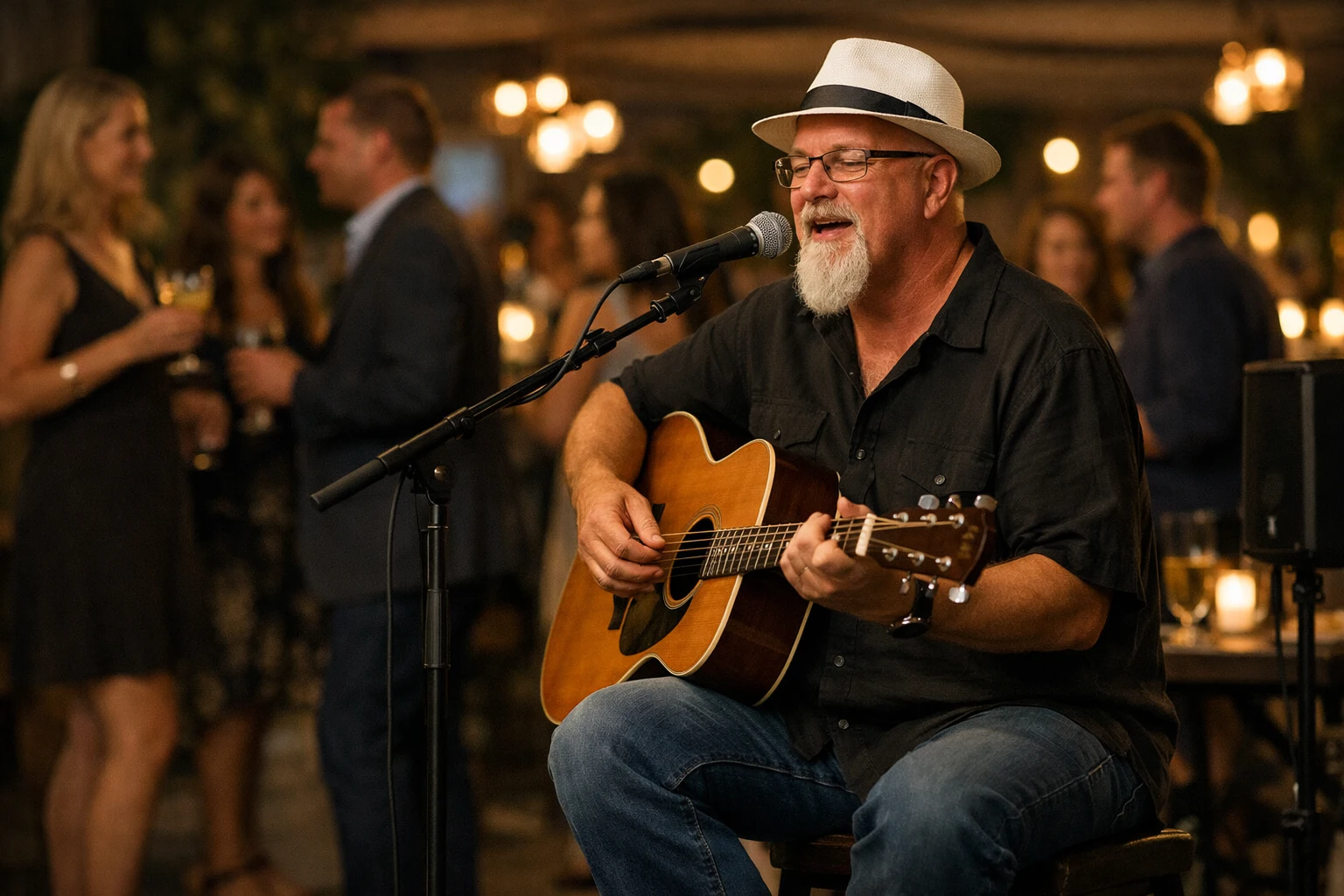 Cocktail party entertainment with live acoustic music by Phillip Rogers creating an upscale conversation-friendly private event atmosphere