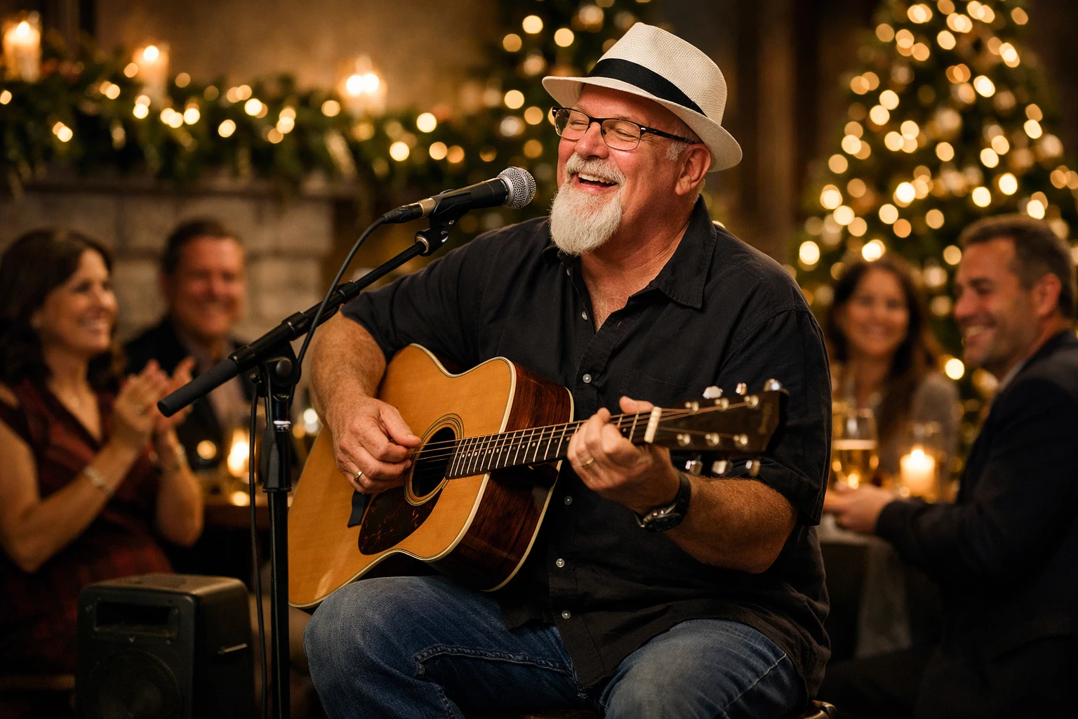 Corporate holiday party entertainment with Phillip Rogers performing live acoustic vocals and guitar during a company holiday celebration