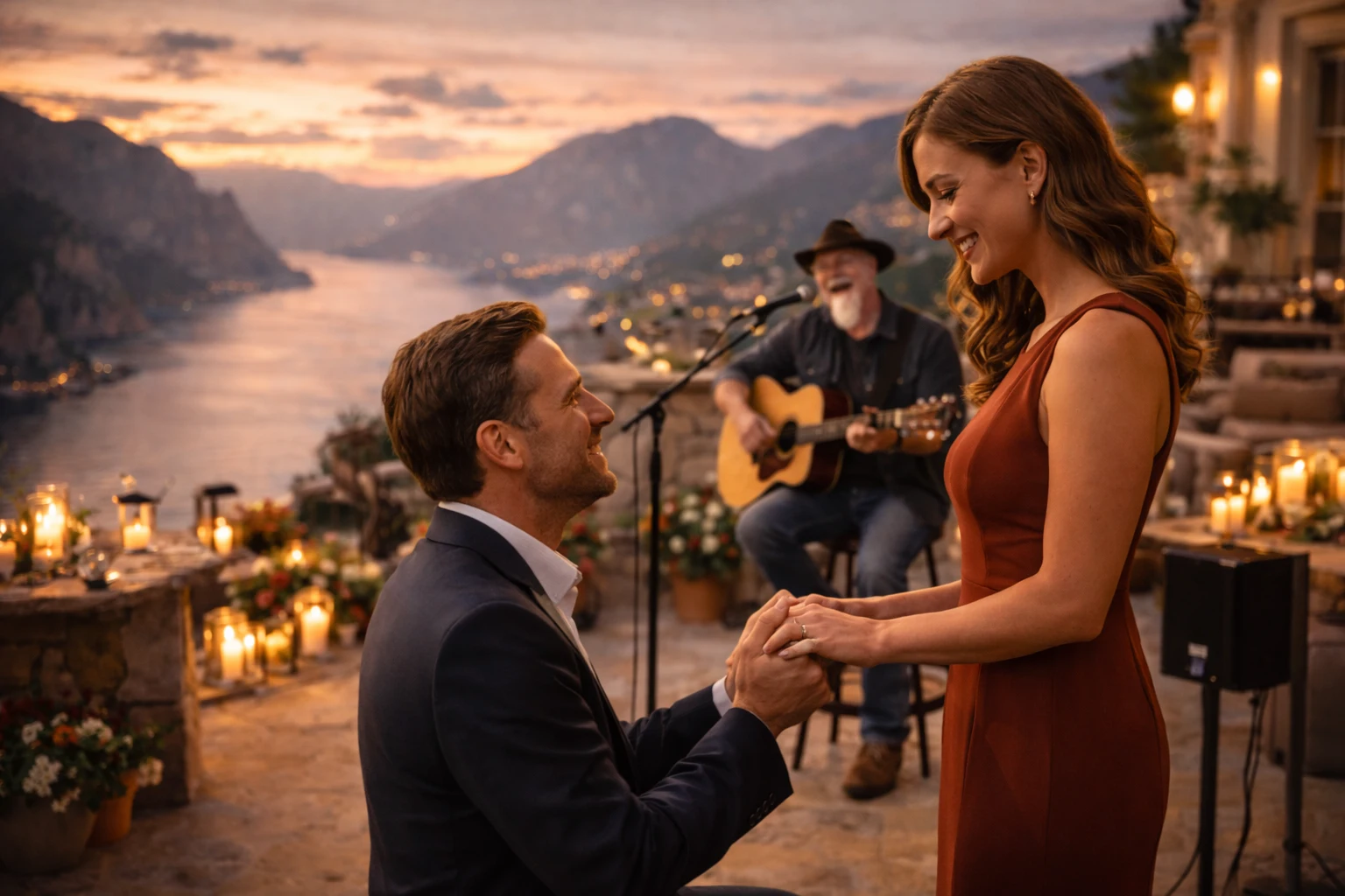 Destination marriage proposal music with Phillip Rogers performing live acoustic vocals and guitar during a luxury cinematic proposal experience