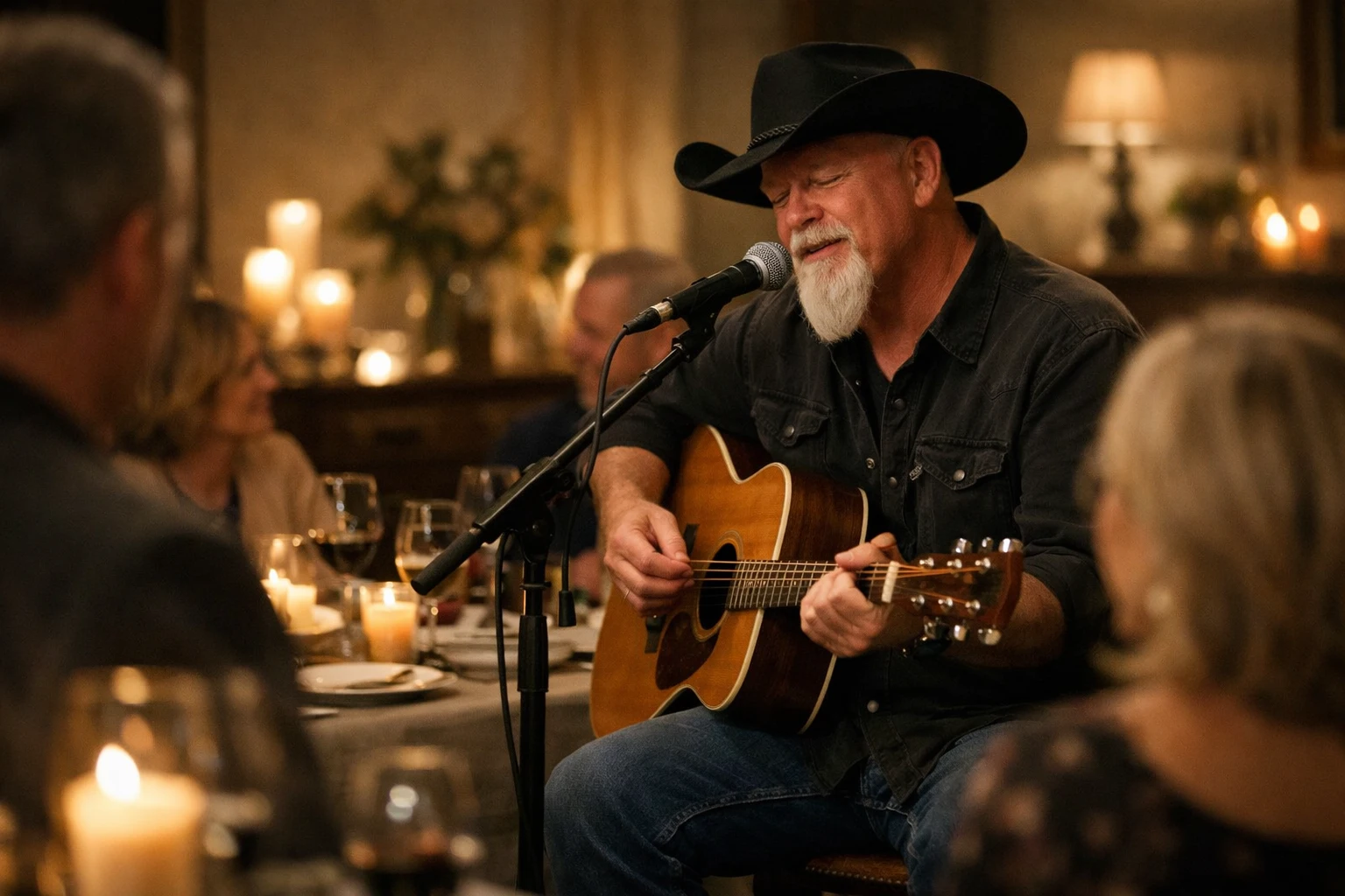 Dinner party entertainment with live acoustic music by Phillip Rogers creating a warm conversation-friendly private event atmosphere