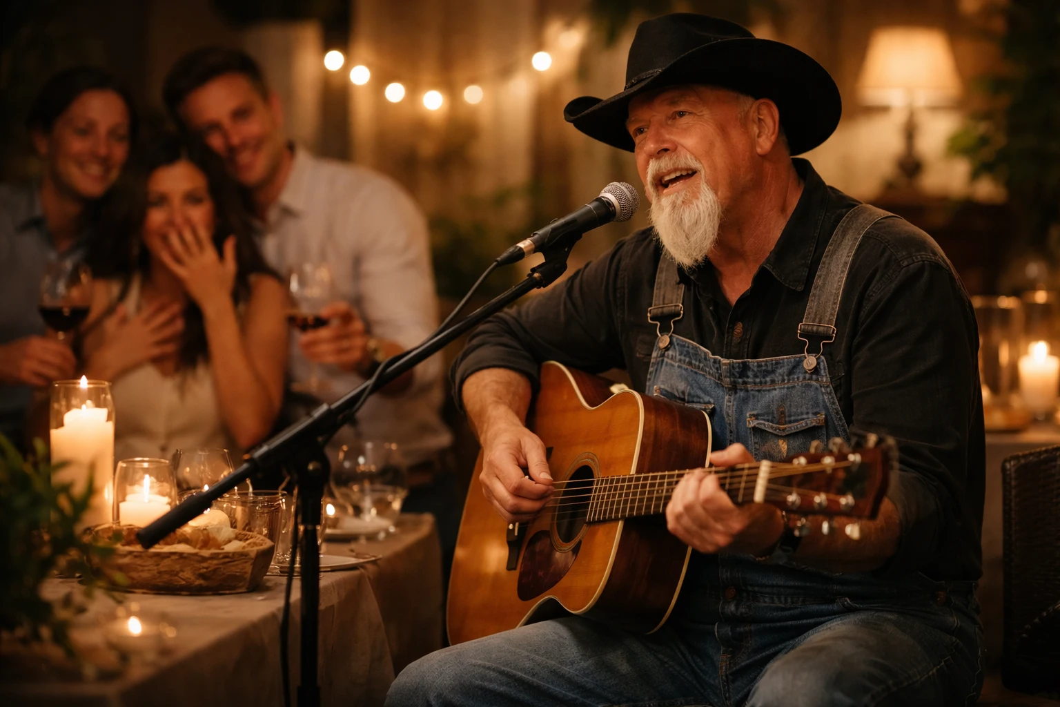 Engagement party entertainment with Phillip Rogers singing and playing acoustic guitar as a couple celebrates in the background