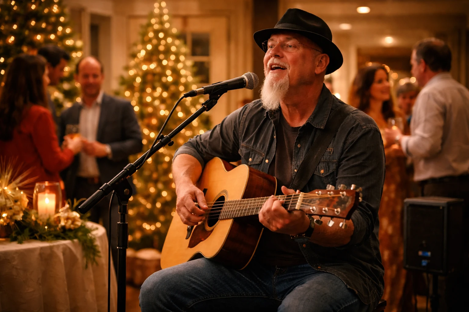 Holiday party entertainment with live acoustic vocals and guitar by Phillip Rogers in a warm seasonal gathering