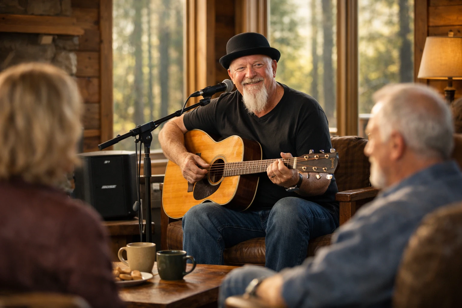 Live acoustic guitarist performing intimate cabin entertainment inside a North Georgia vacation rental