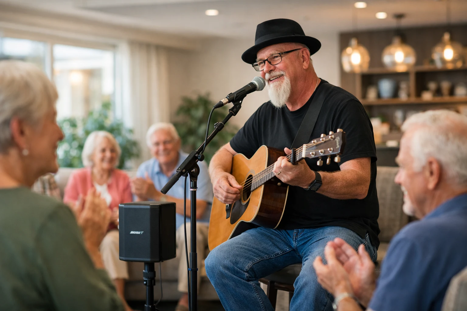 independent living entertainment live vocalist-first acoustic performance Phillip Rogers performing for active senior residents in a community setting