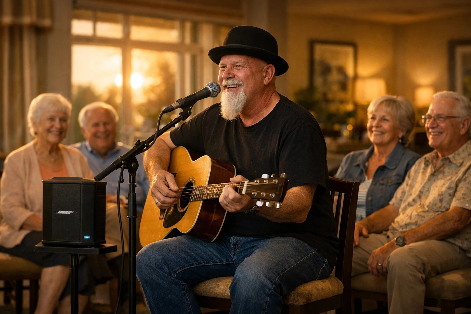 retirement community entertainment live vocalist-first acoustic performance Phillip Rogers performing familiar music for residents in a welcoming community setting
