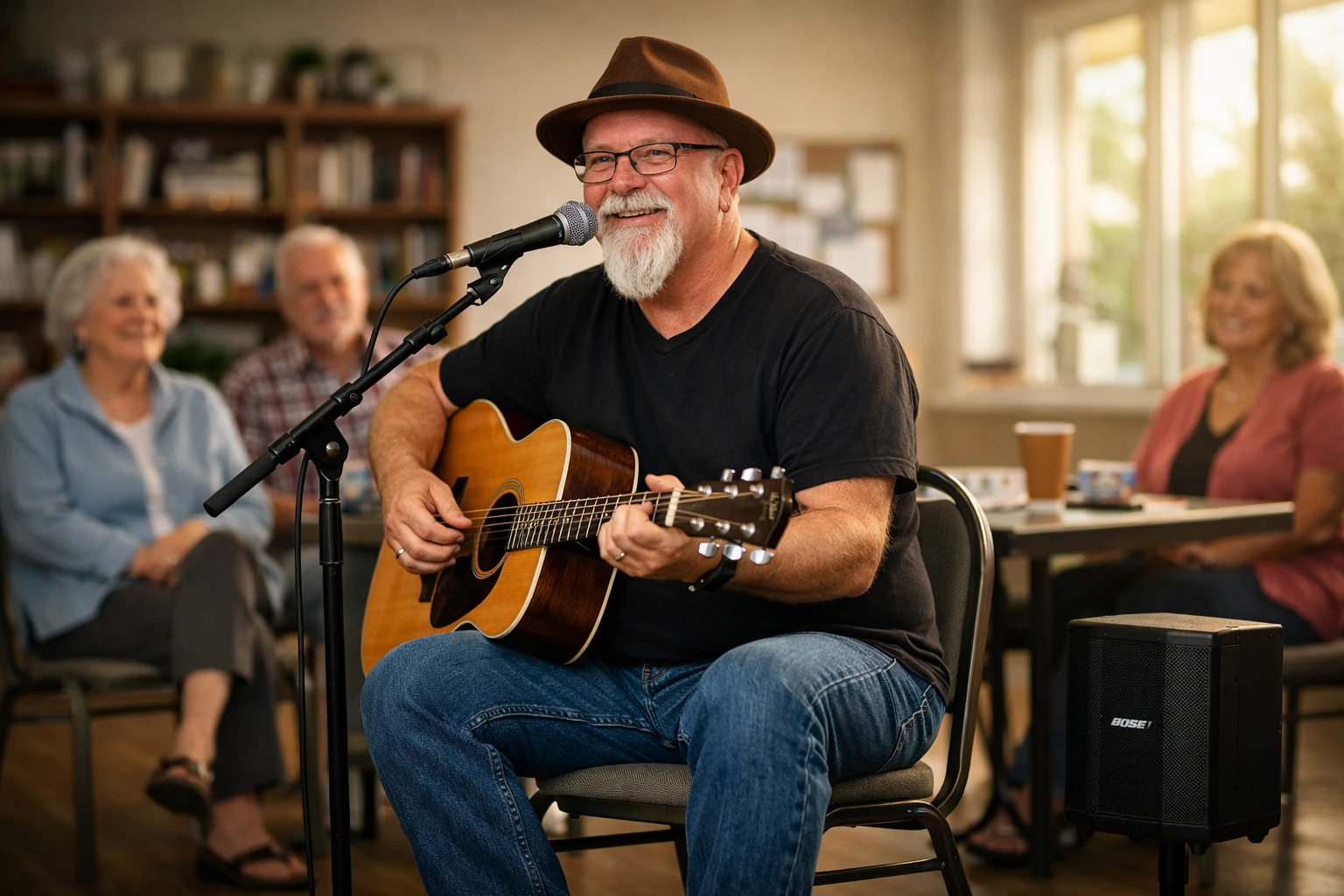 senior center entertainment live vocalist-first acoustic performance Phillip Rogers performing familiar music for a welcoming community audience