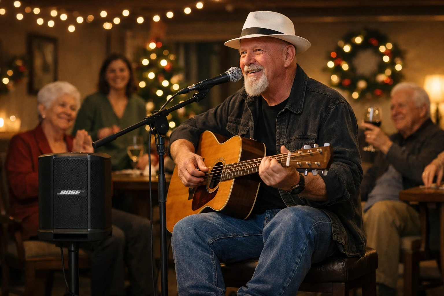 senior living holiday party entertainment live vocalist-first acoustic performance Phillip Rogers performing familiar seasonal music for residents and families