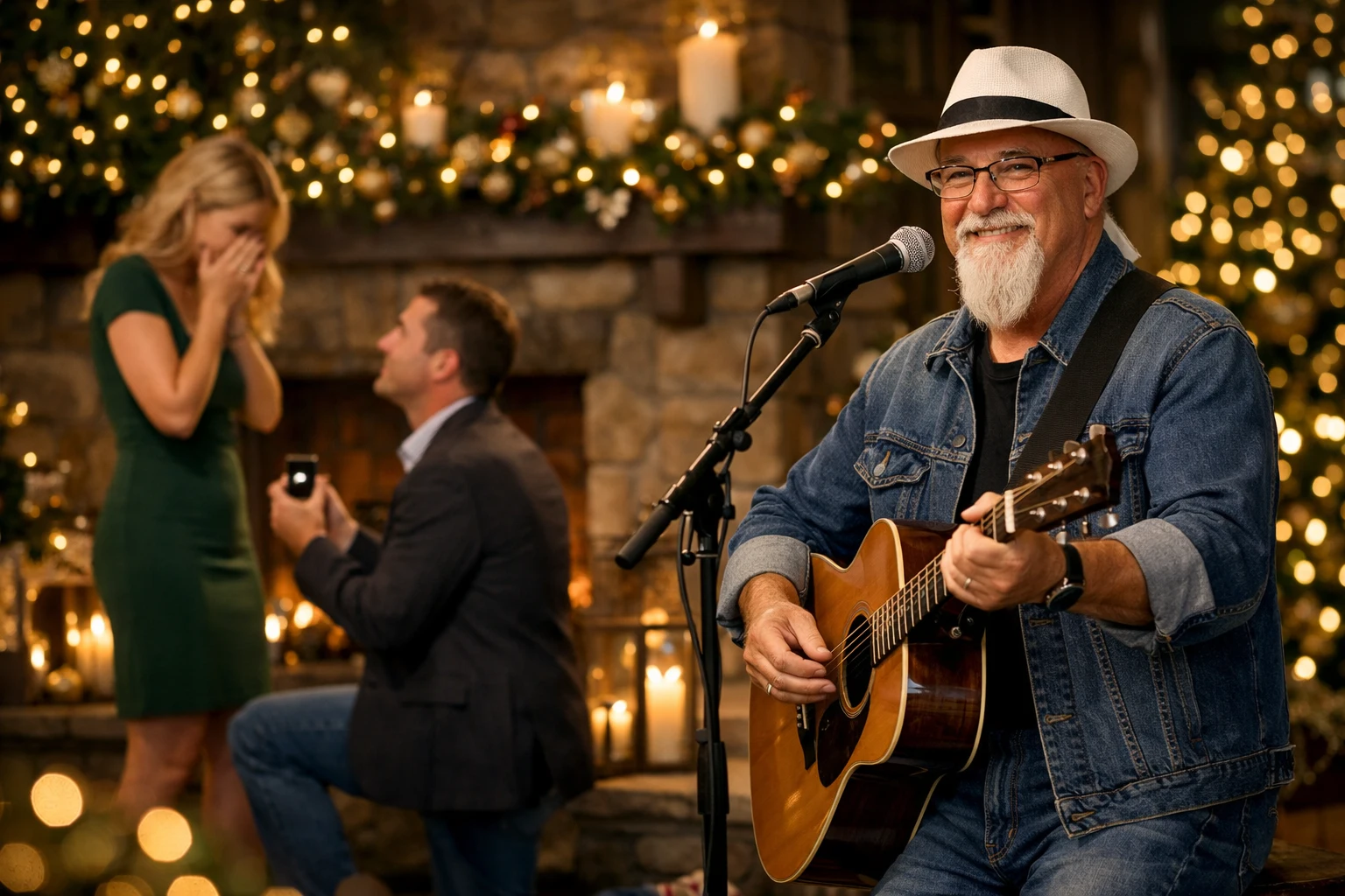 Holiday marriage proposal music with Phillip Rogers performing voice-forward romantic live music in a warm seasonal proposal setting