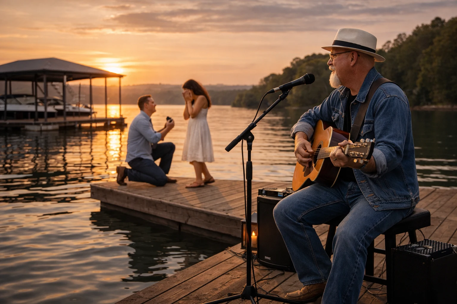 Lake Lanier proposal music with Phillip Rogers performing voice-forward romantic live music during a private golden-hour dock proposal