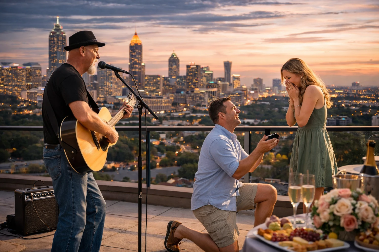 Marriage proposal music in Atlanta with Phillip Rogers performing voice-forward romantic live music during an emotionally timed rooftop proposal