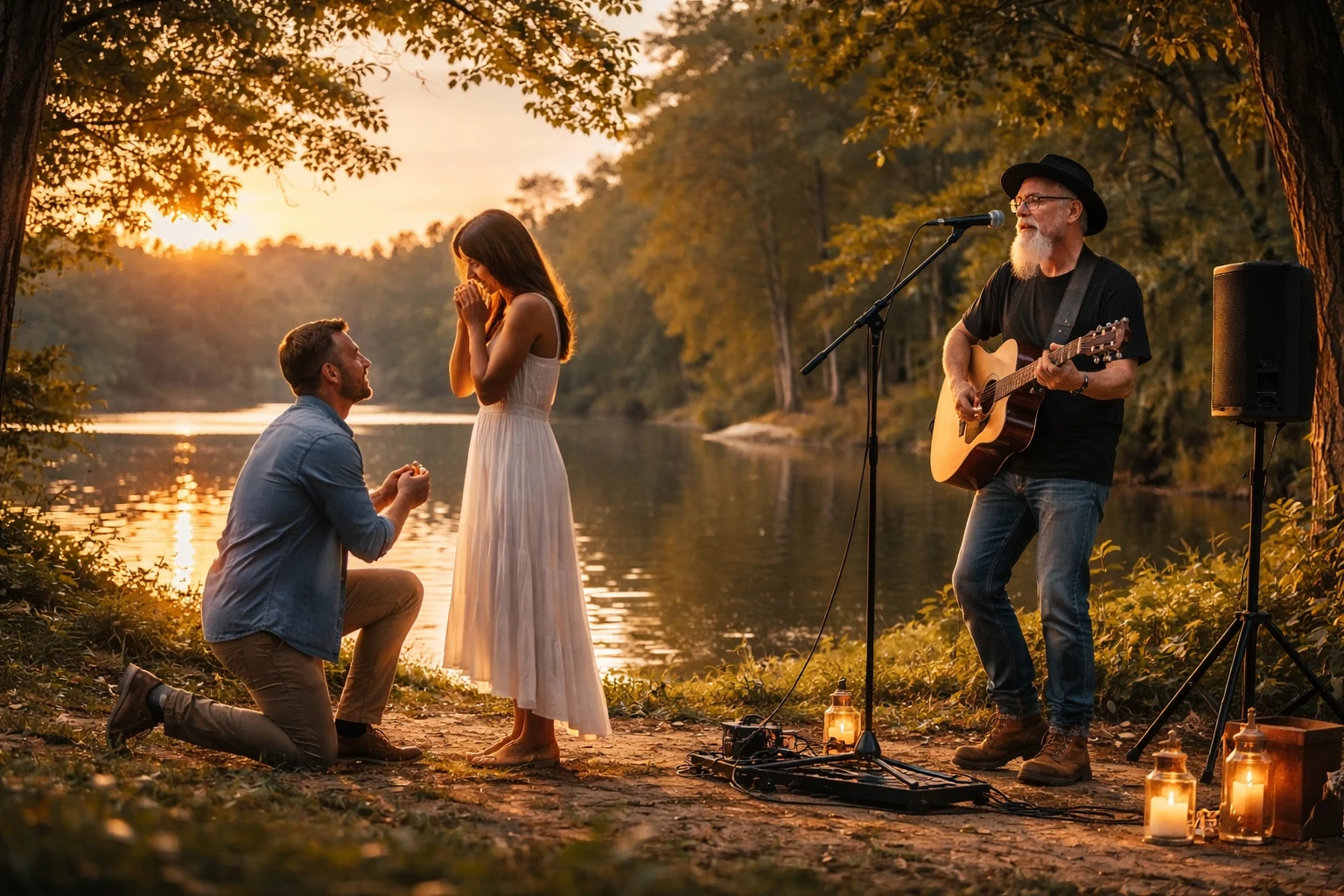 Marriage proposal music in Gainesville with Phillip Rogers performing voice-forward romantic live music during an emotionally timed lakeside proposal moment
