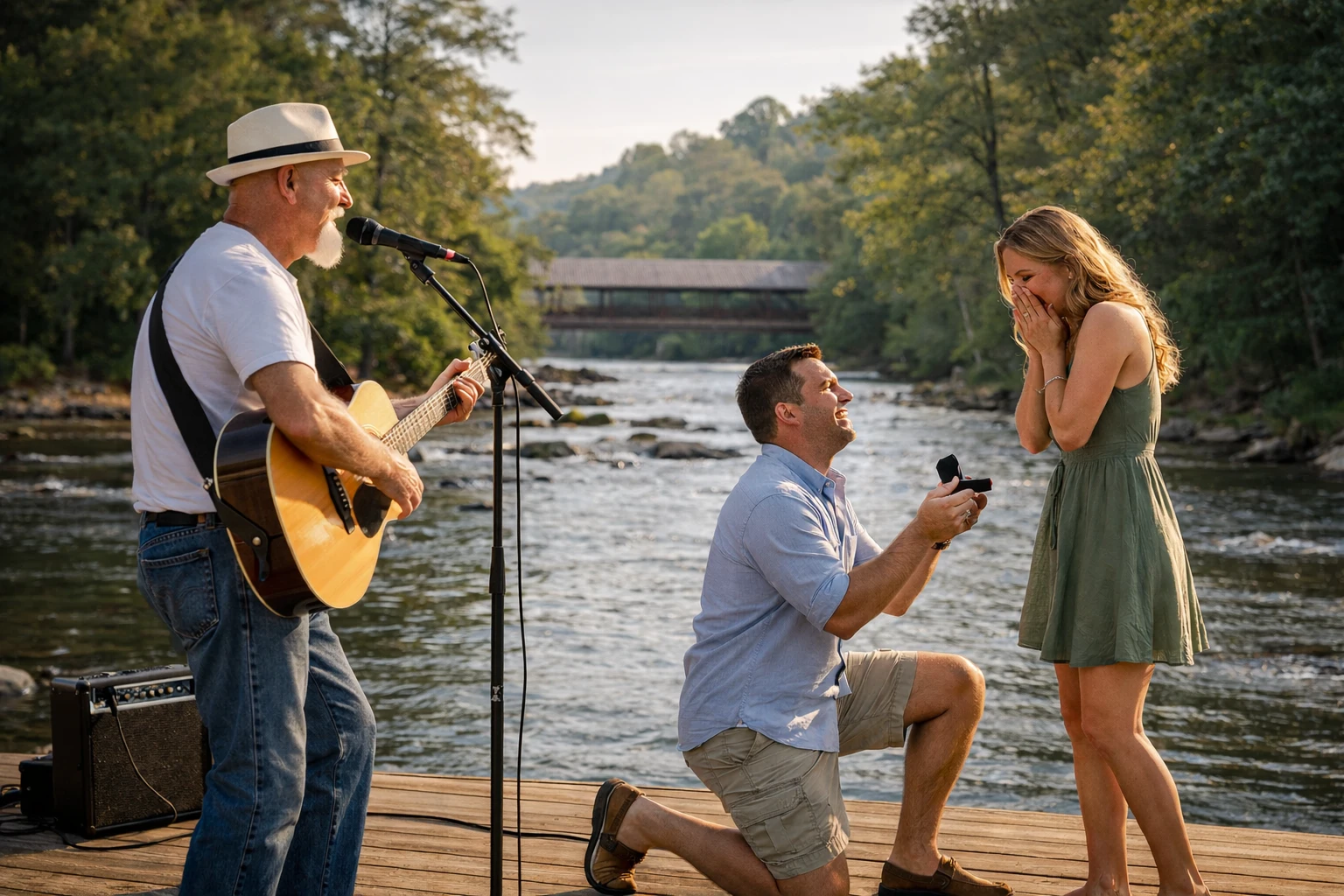 Marriage proposal music in Helen with Phillip Rogers performing voice-forward romantic live music during an emotionally timed riverfront proposal moment