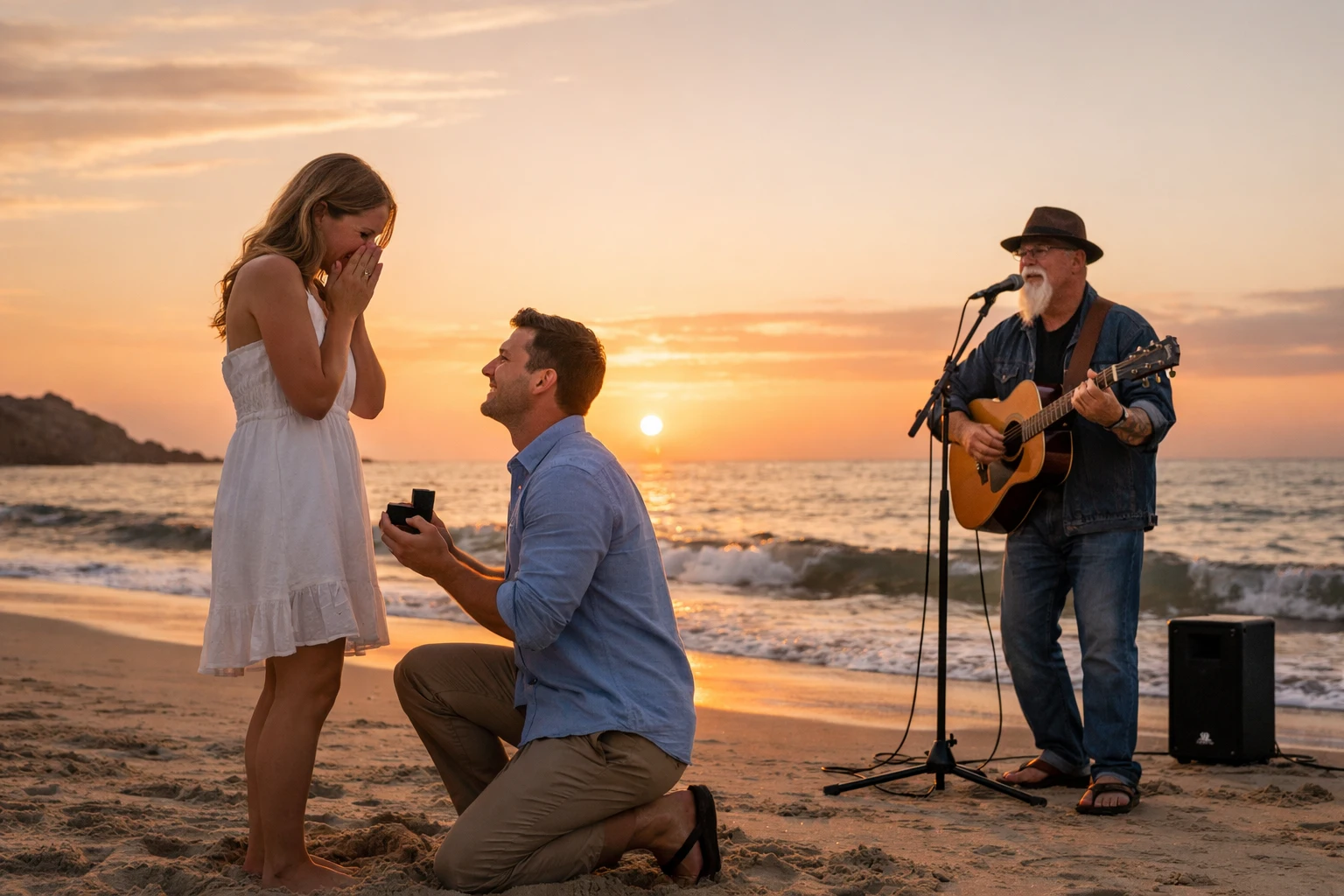 Beach marriage proposal music with Phillip Rogers performing voice-forward romantic live music during a private shoreline proposal at sunset
