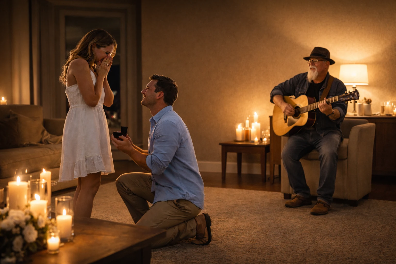 Private intimate marriage proposal music with Phillip Rogers performing voice-forward romantic live music in a softly lit private setting