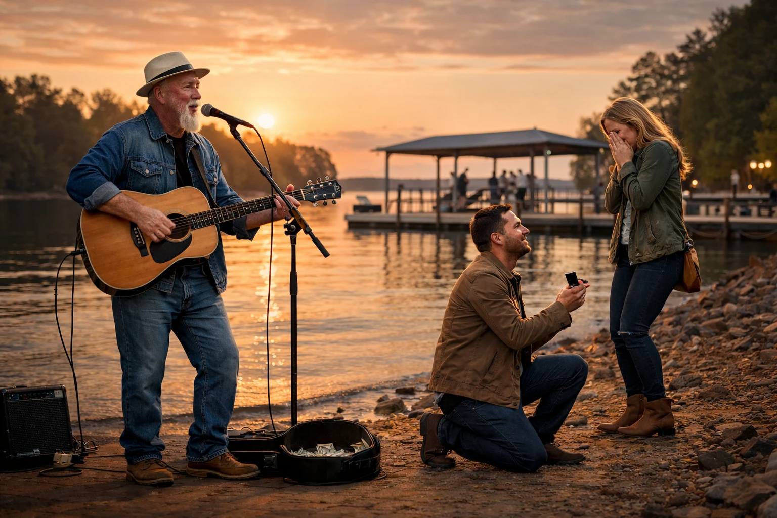 Marriage proposal music in Cumming with Phillip Rogers performing voice-forward romantic live music near Lake Lanier during an emotionally timed proposal moment