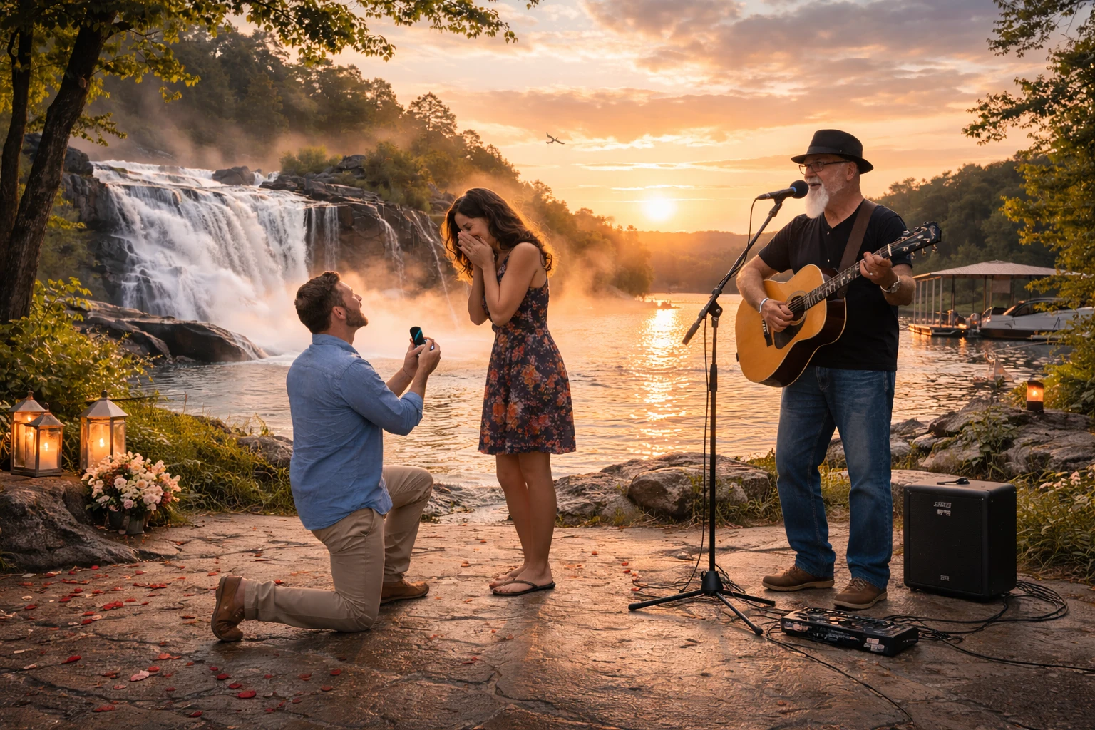 Waterfall proposal music in North Georgia with Phillip Rogers performing voice-forward romantic live music during an emotionally timed waterfall proposal moment