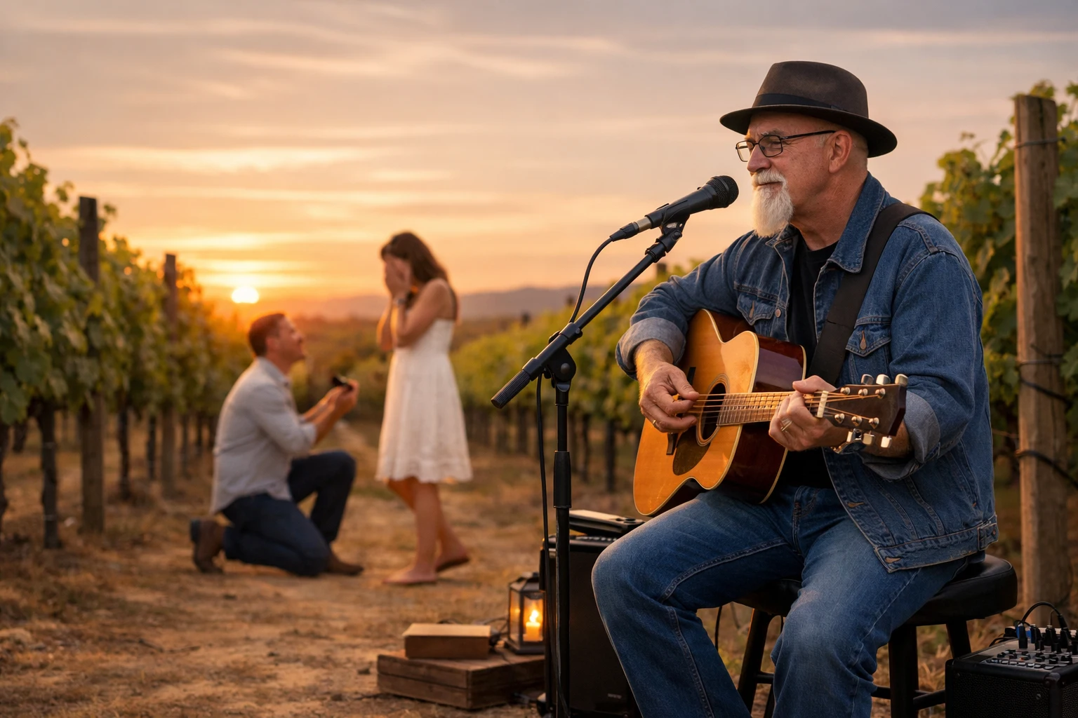 Winery proposal music in Dahlonega with Phillip Rogers performing voice-forward romantic live music during a vineyard proposal moment at sunset