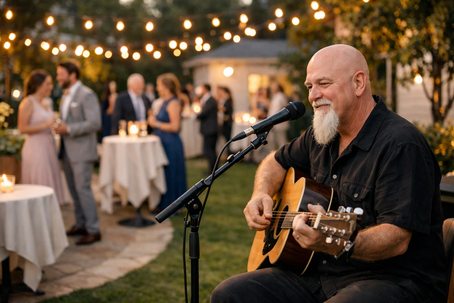 Live acoustic wedding musician performing cocktail hour music outdoors, singing and playing guitar for elegantly dressed guests at a reception.