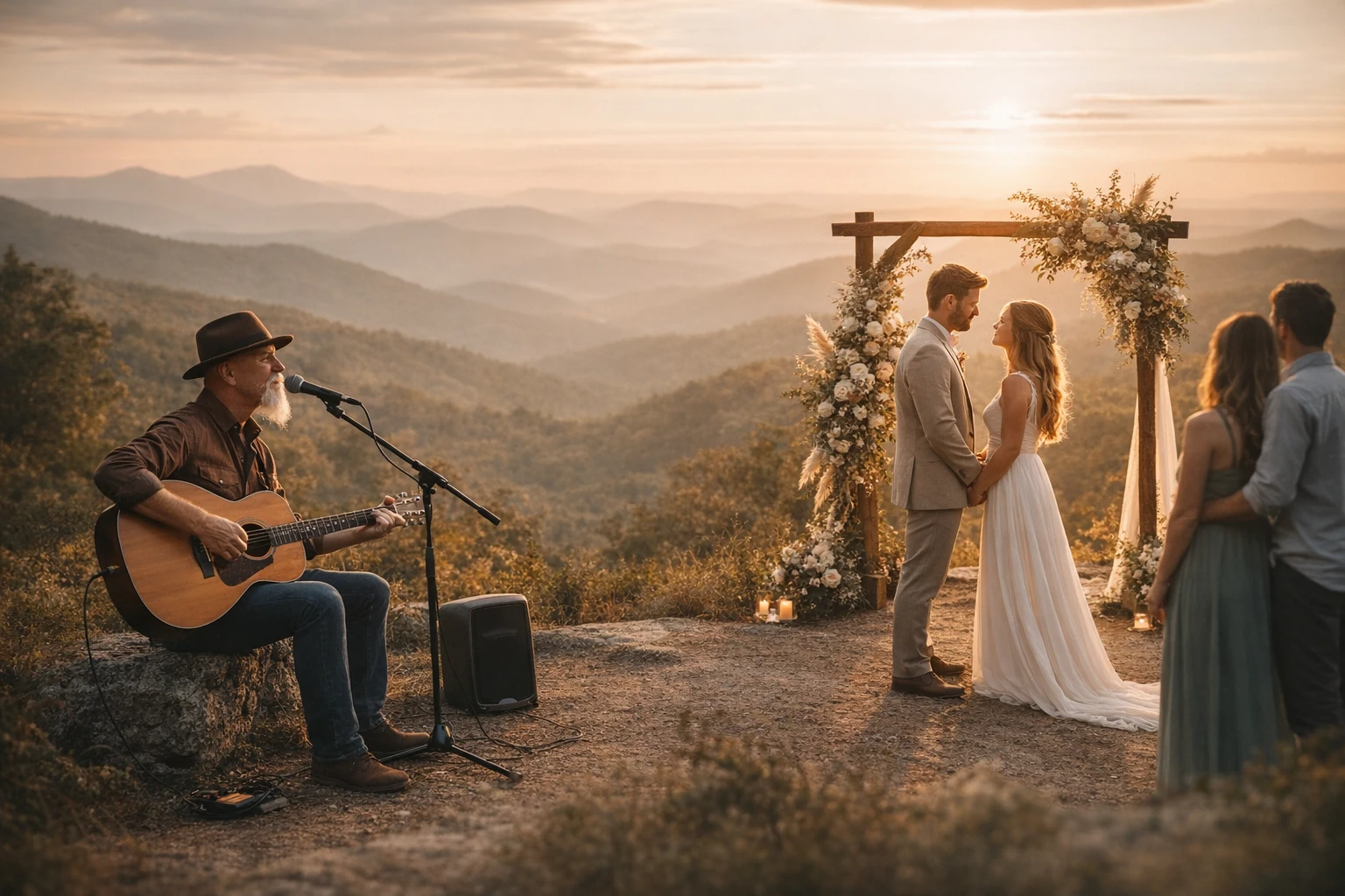 Elopement music at a North Georgia mountain overlook with Phillip Rogers performing acoustic guitar and vocals using a compact battery-powered setup at sunset.