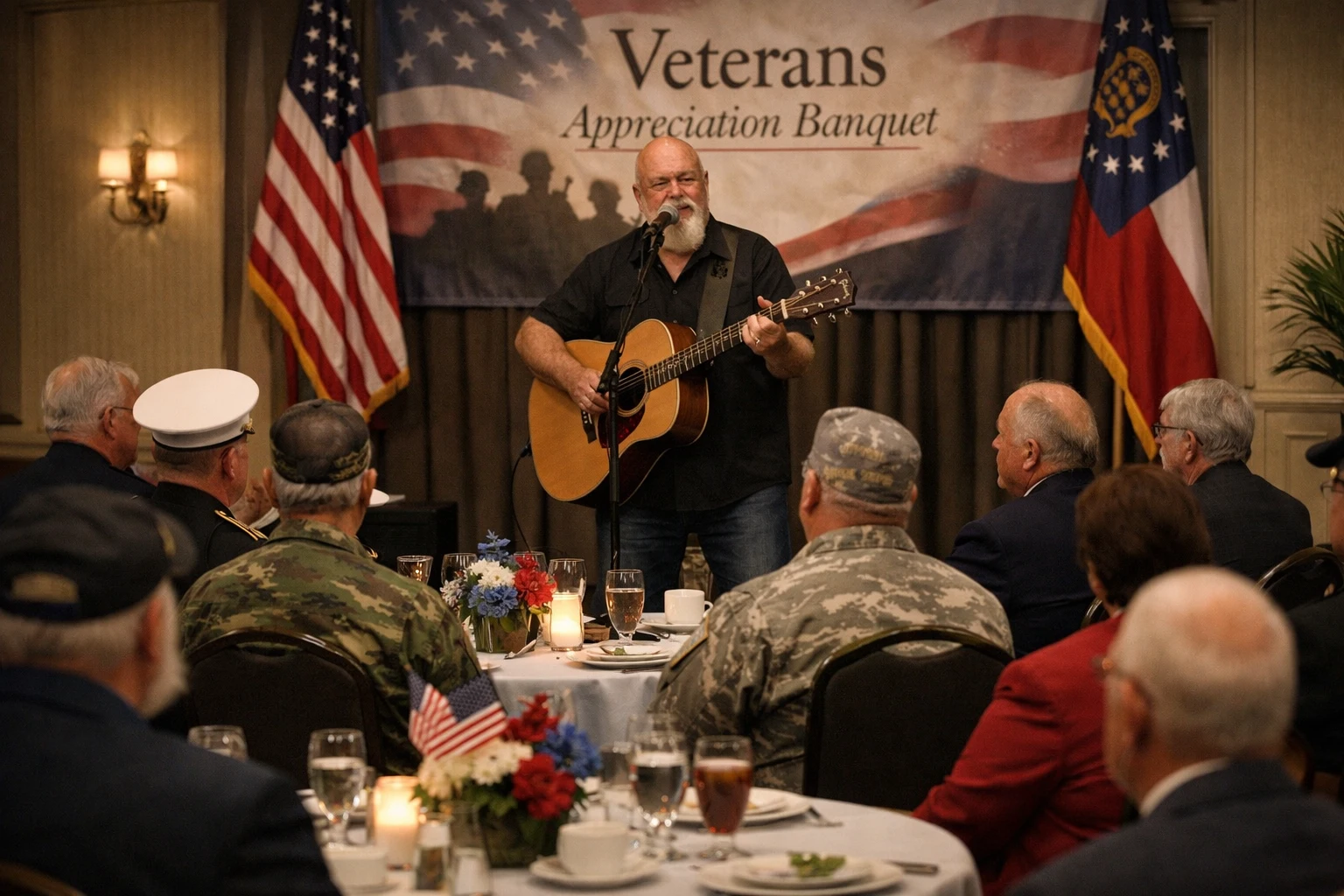 Georgia veterans appreciation event entertainment with Phillip Rogers performing respectful live acoustic vocals and guitar for a veterans recognition ceremony