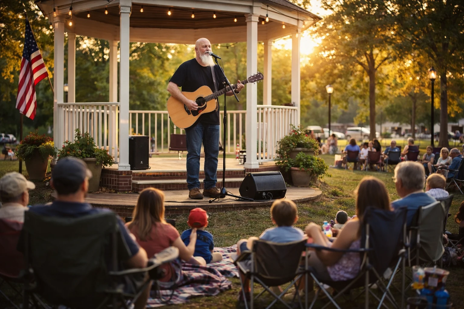 Patriotic concerts in Georgia communities with Phillip Rogers performing live vocals and acoustic guitar at a civic community gathering