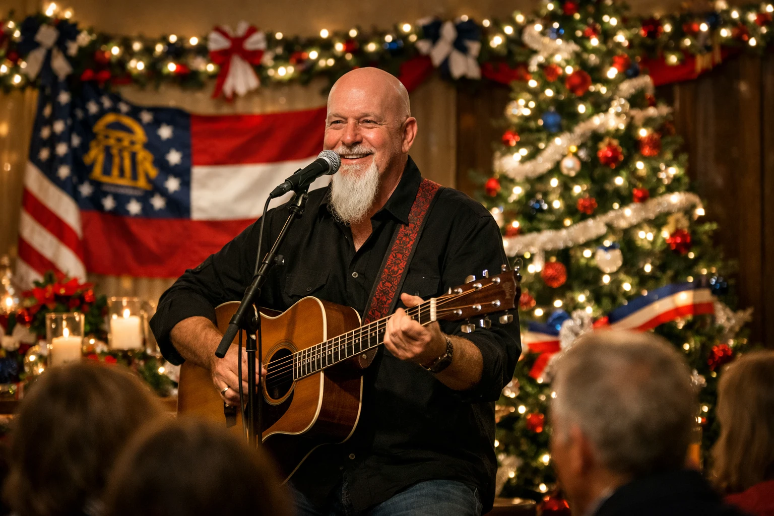 Patriotic holiday party entertainment in Georgia with Phillip Rogers performing live vocals and acoustic guitar at a festive civic holiday event