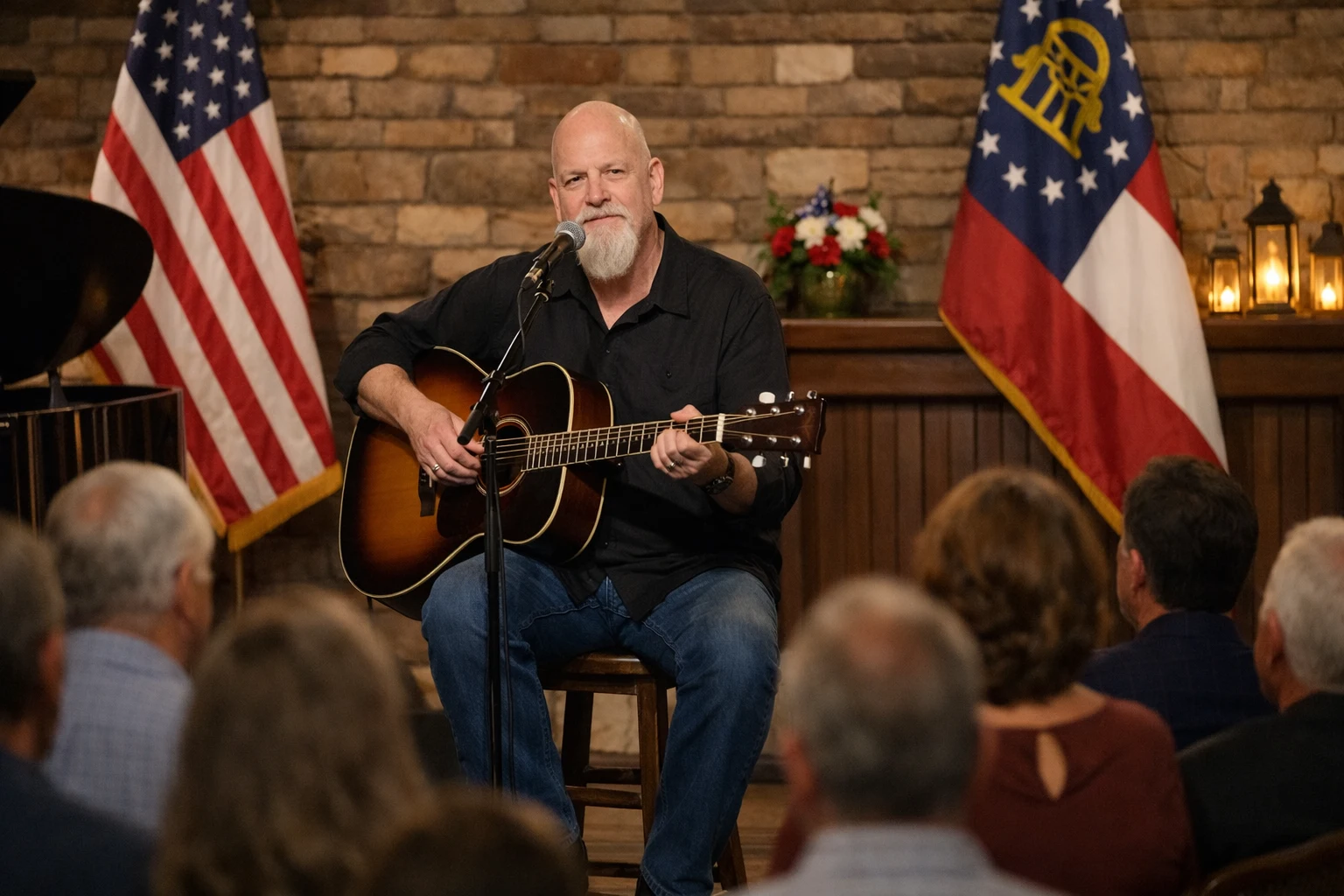 Tea Party era patriotic performer in Georgia with Phillip Rogers singing and playing acoustic guitar at a dignified patriotic event