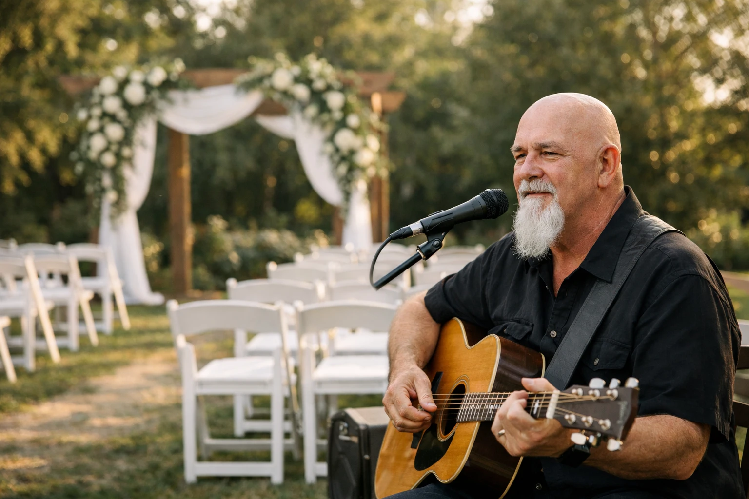 Phillip Rogers performing live acoustic wedding ceremony music with vocals and guitar beneath a floral arbor at an outdoor North Georgia wedding.