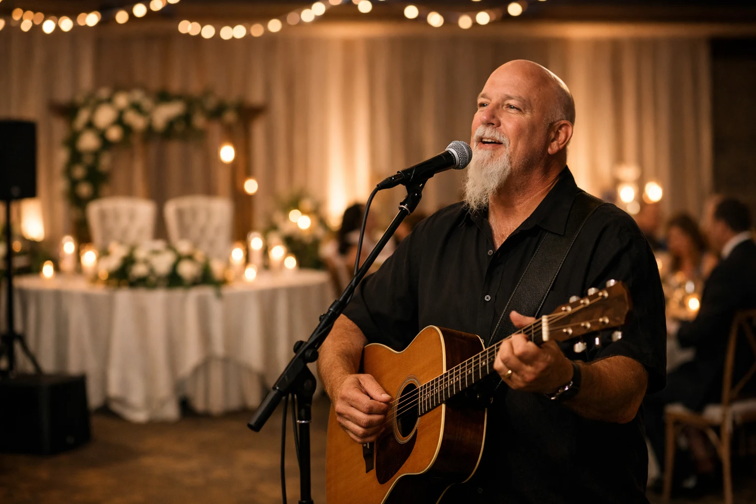 Phillip Rogers performing live acoustic wedding reception music, singing and playing guitar under warm string lights at an elegant indoor reception.