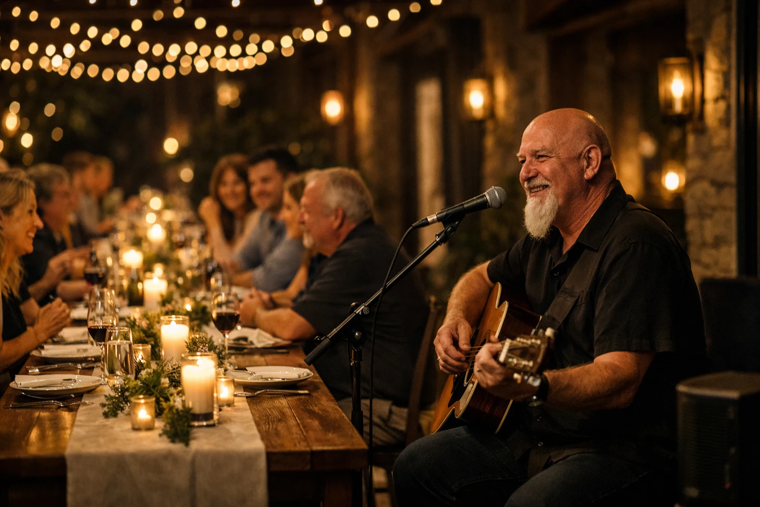 Wedding rehearsal dinner music by Phillip Rogers performing acoustic guitar and vocals under warm string lights as guests dine at long candlelit tables.