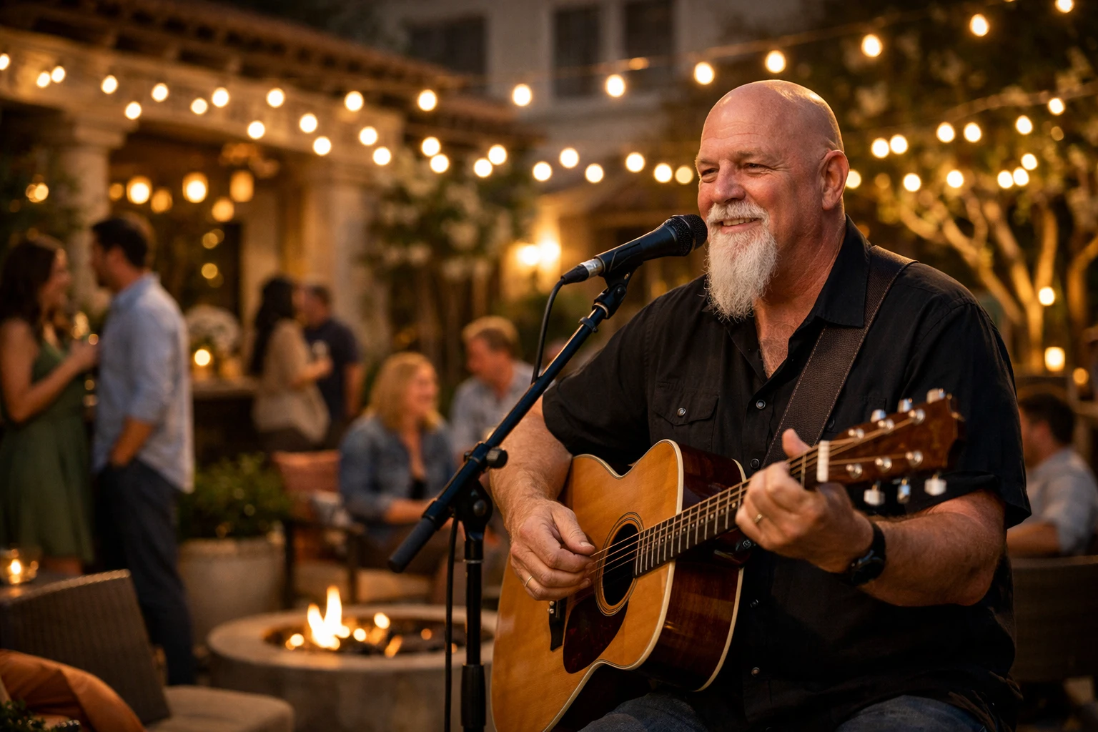 Wedding welcome party live music by Phillip Rogers performing acoustic guitar and vocals under warm string lights as guests mingle during an outdoor evening celebration.