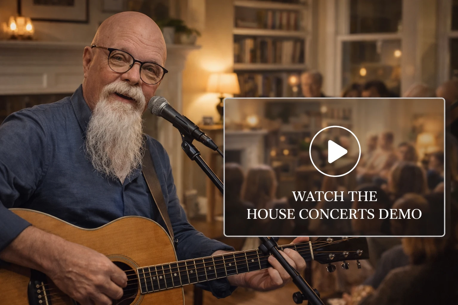 House concert entertainment with Phillip Rogers performing live acoustic music in an intimate private listening room atmosphere.