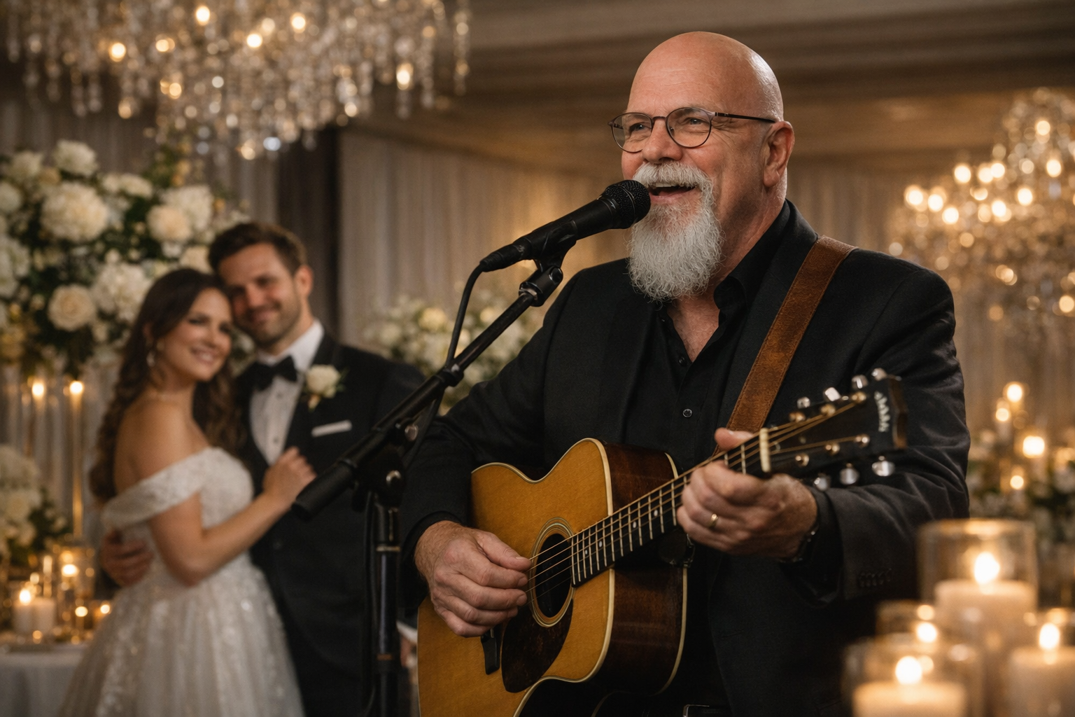 Acoustic wedding singer Phillip Rogers performing live ceremony music with guitar and vocals under warm string lights at an elegant evening wedding reception.