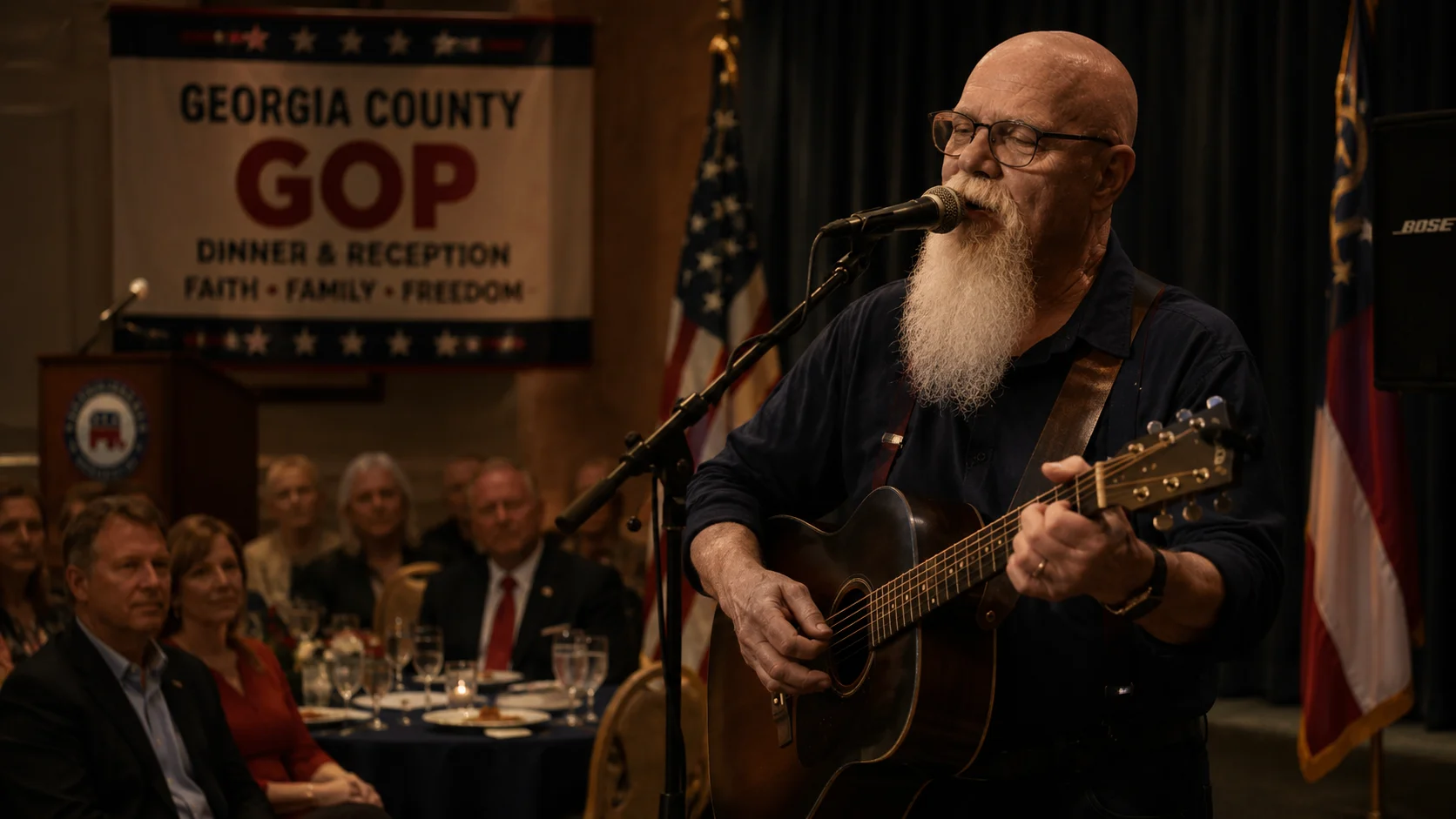Georgia County GOP event entertainment with Phillip Rogers performing live acoustic vocals and guitar for a patriotic county dinner and reception