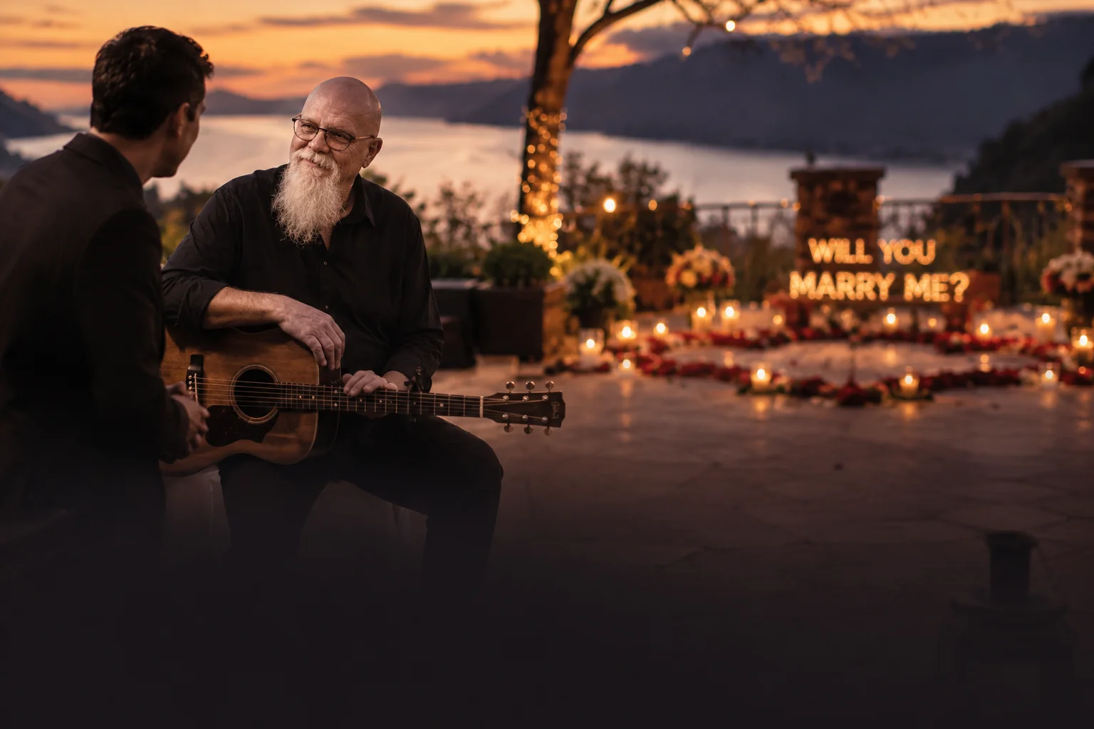 Phillip Rogers coordinating a romantic marriage proposal performance with voice-forward live music in an elegant outdoor setting