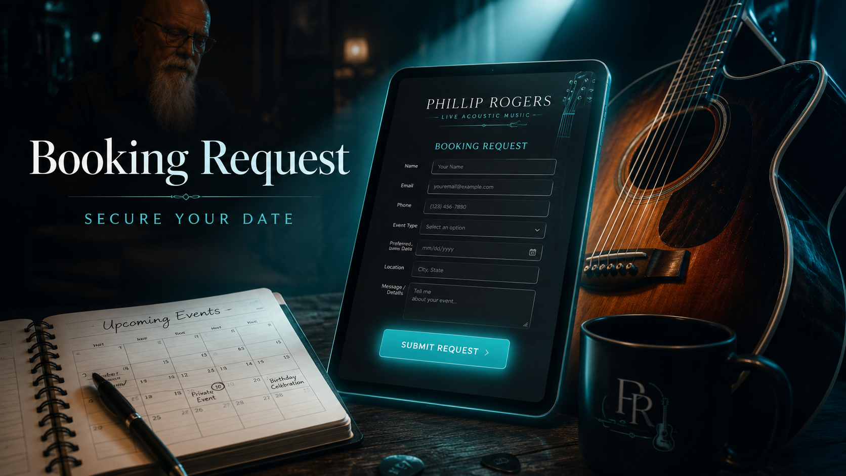 Booking request form for Phillip Rogers live entertainment