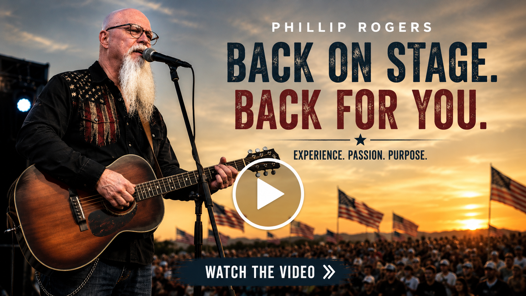 Phillip Rogers performing live patriotic event music with acoustic guitar, click to watch the live performance video
