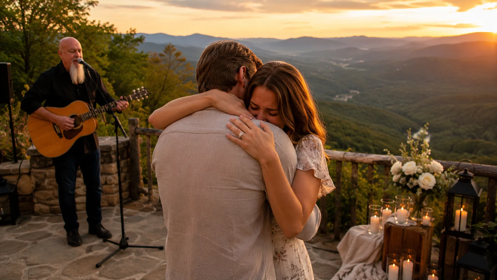 Couple celebrating a surprise marriage proposal at a North Georgia mountain overlook while Phillip Rogers provides live acoustic music in the background.
