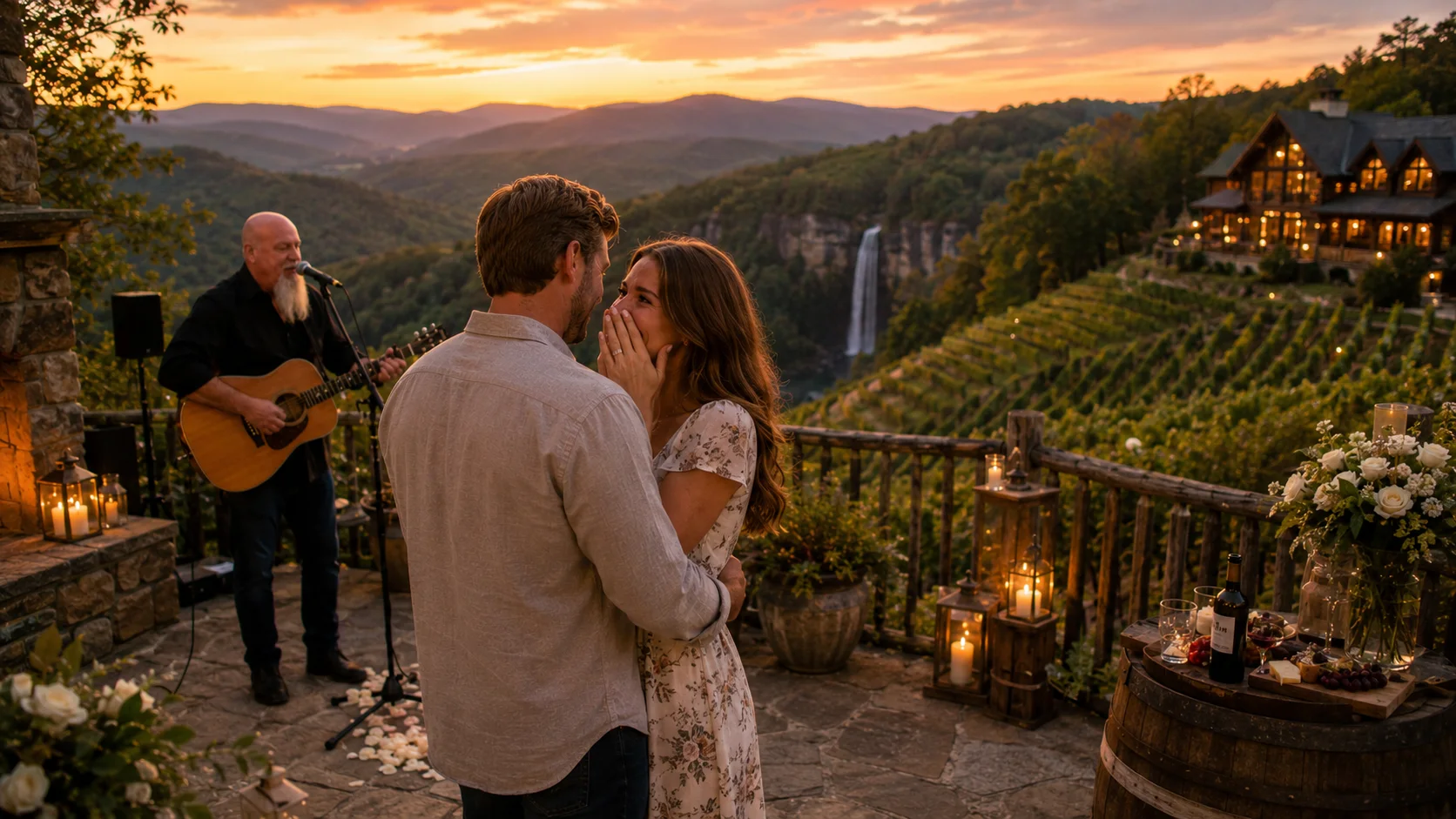 Couple celebrating a Georgia marriage proposal with mountains, cabin scenery, waterfall views, winery atmosphere, and live acoustic music by Phillip Rogers.