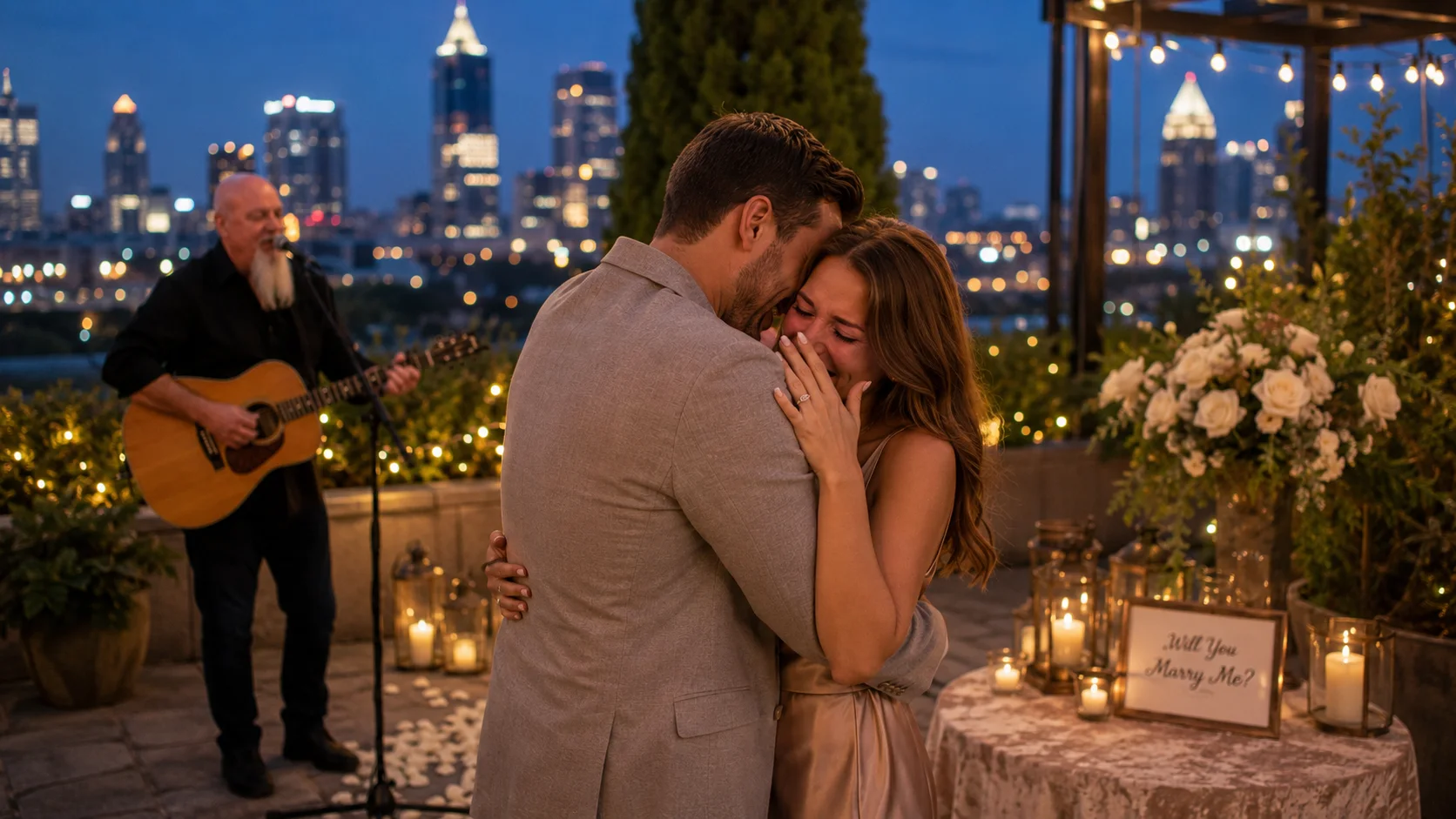 Couple celebrating a romantic surprise marriage proposal near Atlanta while Phillip Rogers provides live acoustic music on an elegant rooftop terrace at blue hour.